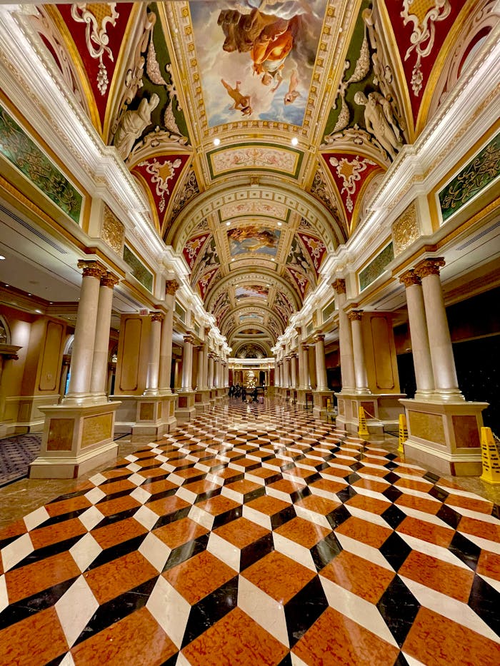 Venetian Hotel grand hallway with ornate ceiling